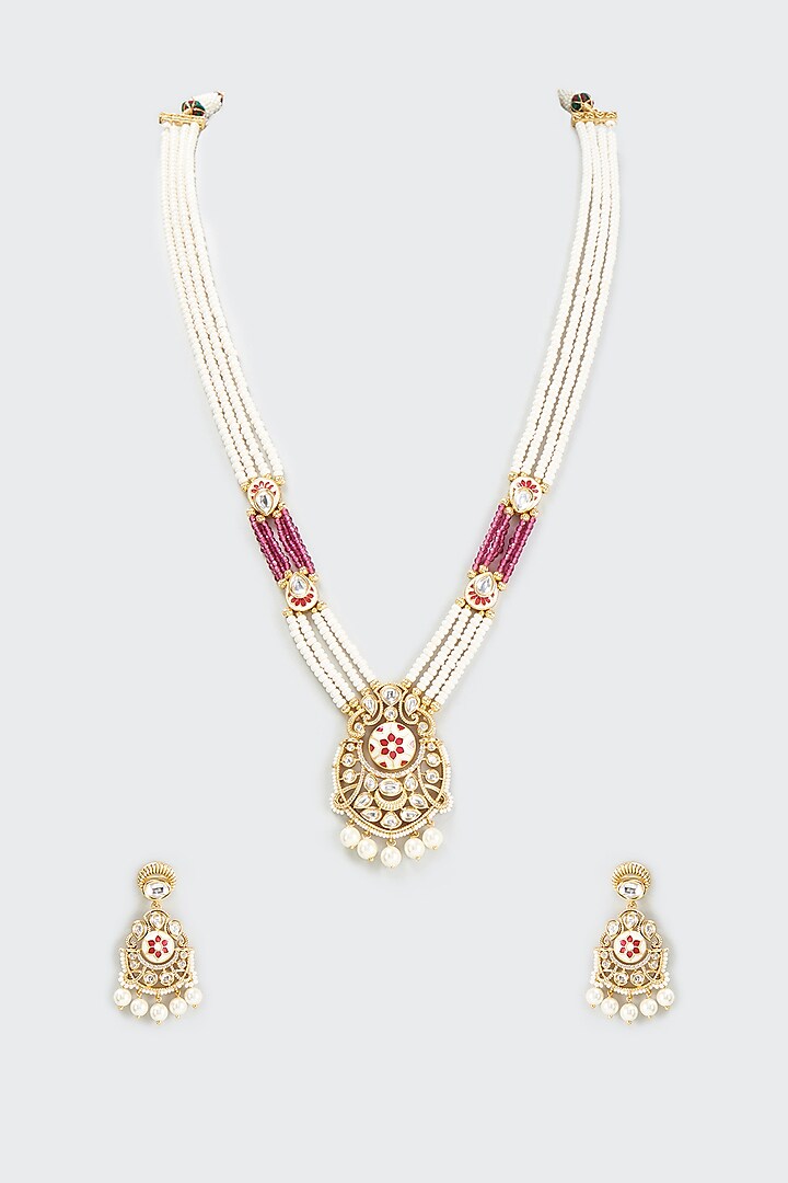 Gold Finish Kundan Polki Long Necklace Set by BeautiArt at Pernia's Pop Up Shop