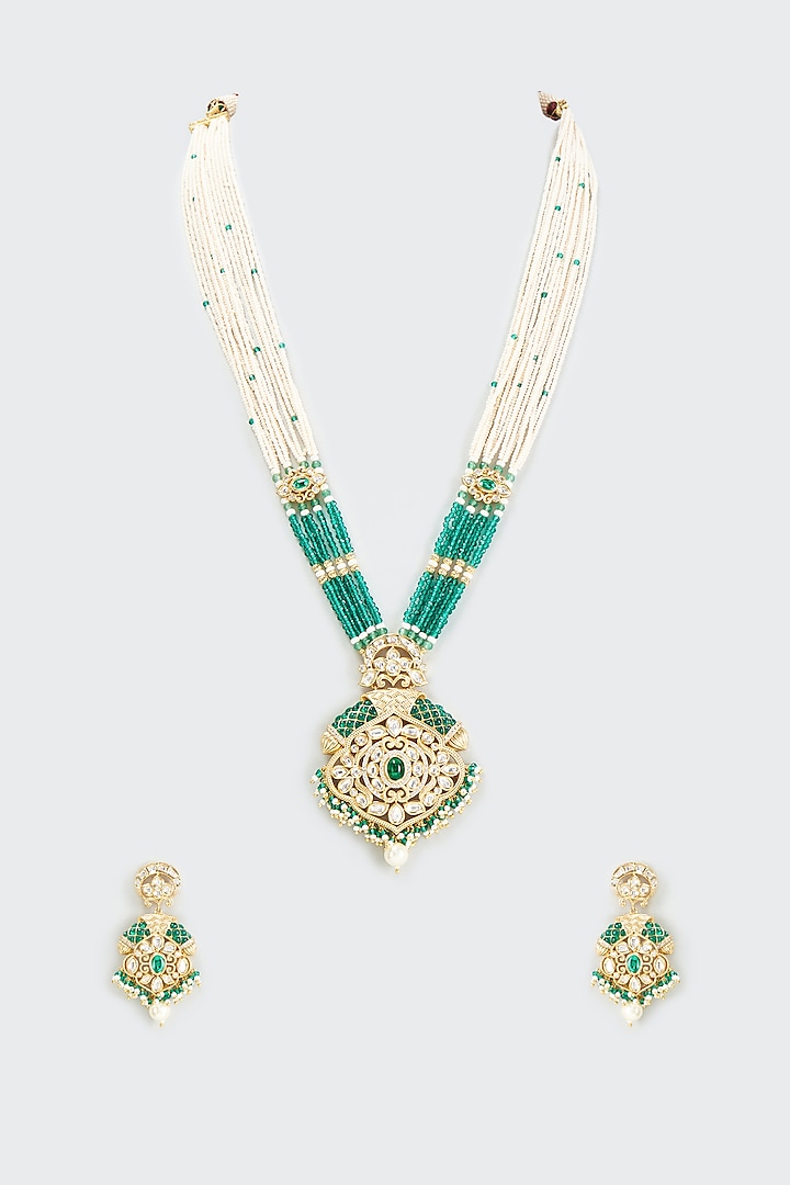 Gold Finish Kundan Polki Long Necklace Set by BeautiArt at Pernia's Pop Up Shop