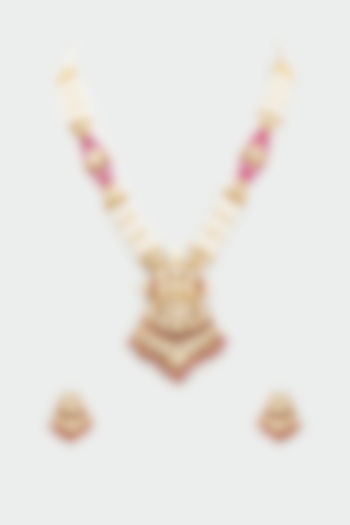 Gold Finish Kundan Polki & Pearl Long Necklace Set by BeautiArt at Pernia's Pop Up Shop