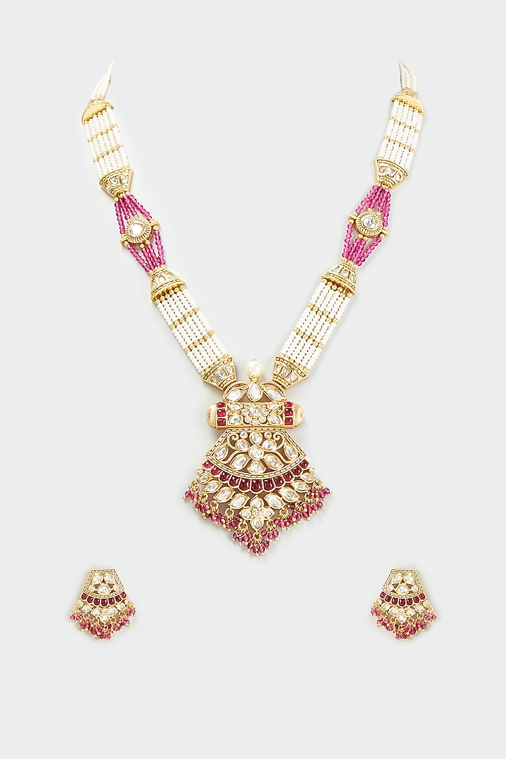 Gold Finish Kundan Polki & Pearl Long Necklace Set by BeautiArt at Pernia's Pop Up Shop