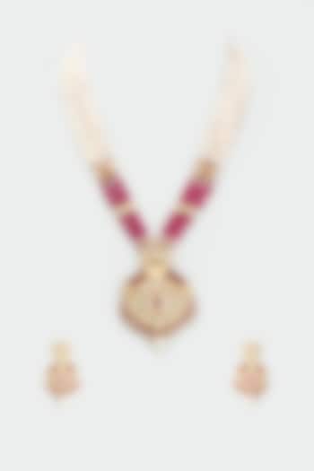 Gold Finish Kundan Polki & Pearl Long Necklace Set by BeautiArt