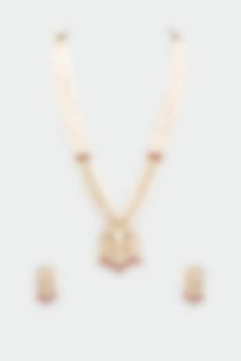 Gold Finish Kundan Polki & Ruby Long Necklace Set by BeautiArt