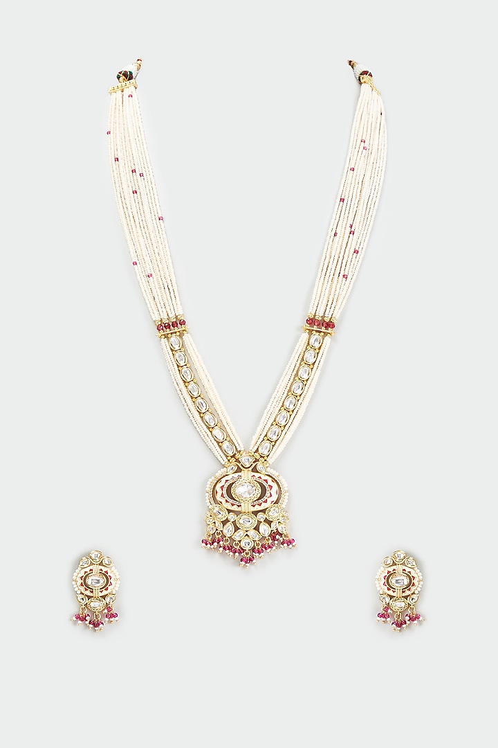 Gold Finish Kundan Polki & Ruby Long Necklace Set by BeautiArt