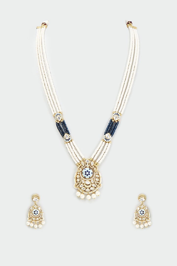 Gold Finish Kundan Polki & Pearl Long Necklace Set by BeautiArt