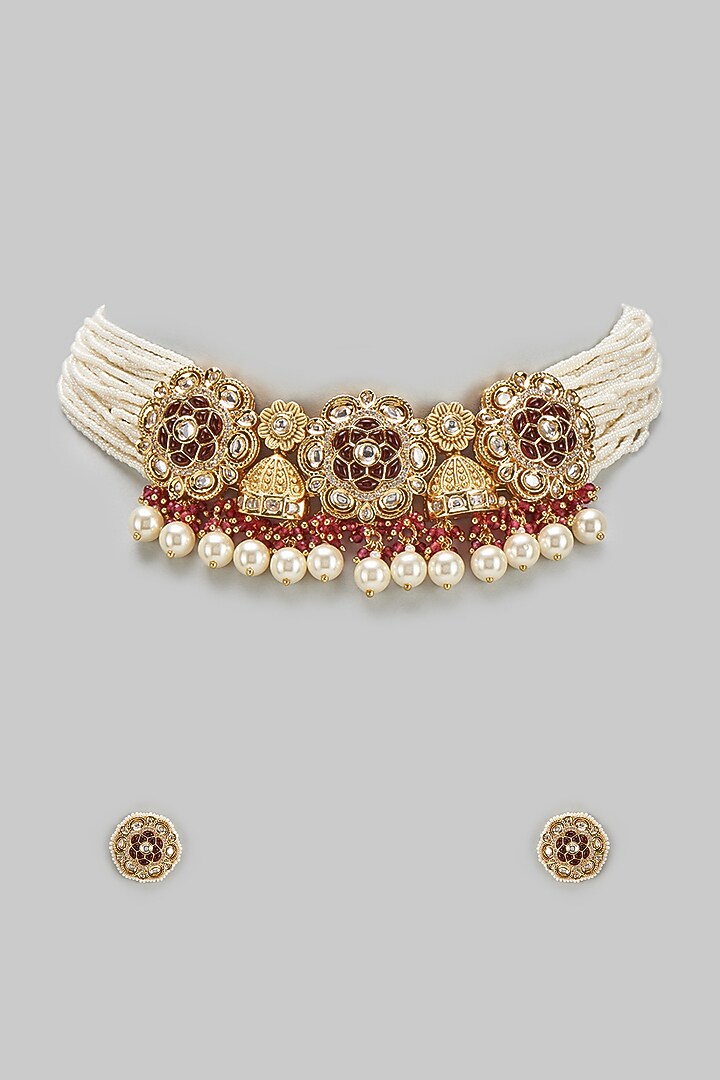 Gold Finish Kundan Polki & Ruby Stone Choker Necklace Set by BeautiArt at Pernia's Pop Up Shop