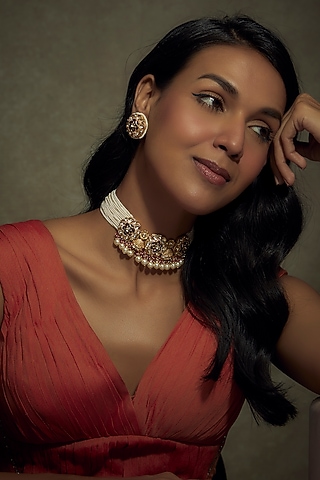 Gold Finish Kundan Polki & Ruby Stone Choker Necklace Set by BeautiArt