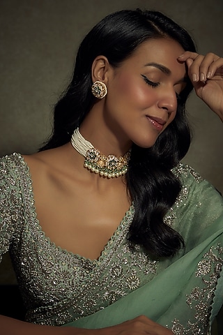 Gold Finish Kundan Polki & Green Stone Choker Necklace Set by BeautiArt