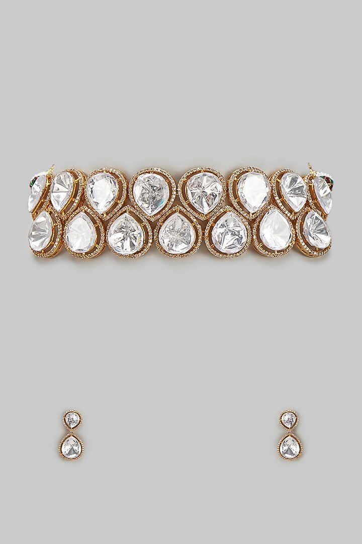 Gold Finish Kundan Polki Choker Necklace Set by BeautiArt at Pernia's Pop Up Shop