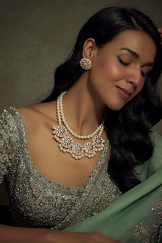 Gold Finish Kundan Polki & Pearl Layered Necklace Set by BeautiArt