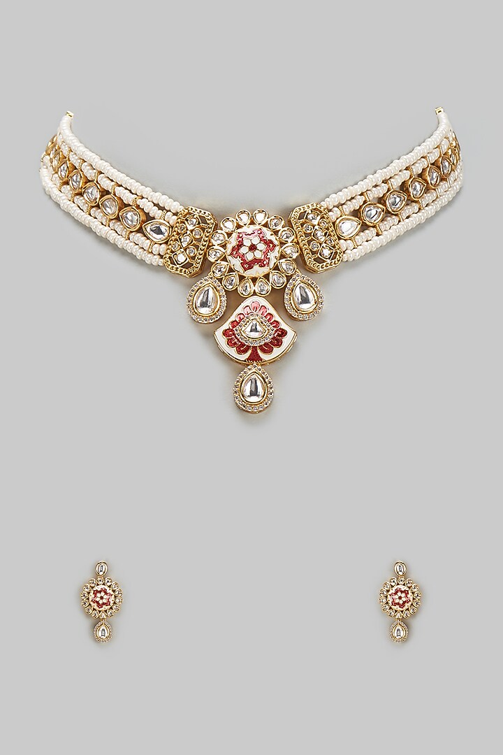 Gold Finish Kundan Polki & Pearl Choker Necklace Set by BeautiArt at Pernia's Pop Up Shop
