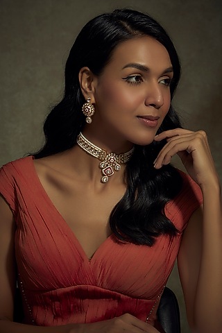 Gold Finish Kundan Polki & Pearl Choker Necklace Set by BeautiArt