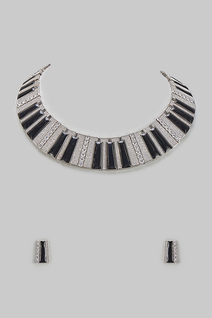 White Finish Zircon & Black Stone Necklace Set by BeautiArt at Pernia's Pop Up Shop