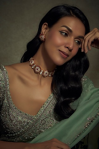 Gold Finish Kundan Polki & Ruby Stone Choker Necklace Set by BeautiArt