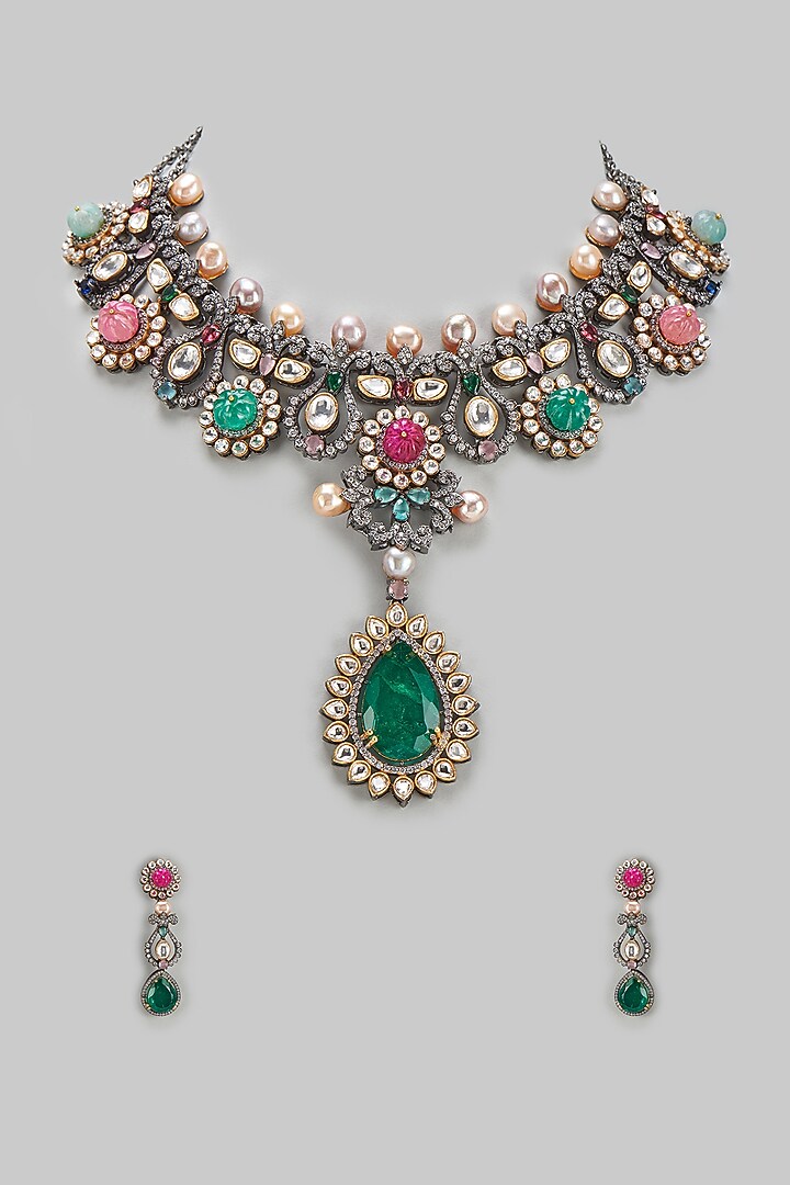 Two-Tone Finish Kundan Polki & Multi-Colored Stone Long Necklace Set by BeautiArt at Pernia's Pop Up Shop