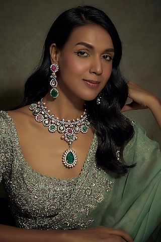 Two-Tone Finish Kundan Polki & Multi-Colored Stone Long Necklace Set by BeautiArt