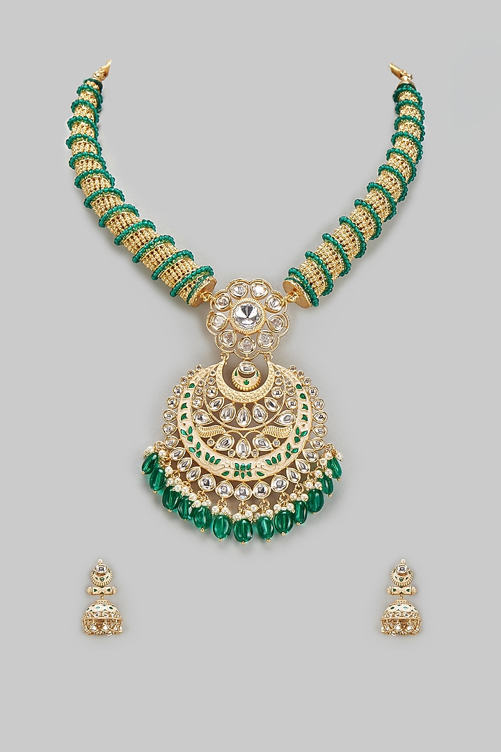 Gold Finish Kundan Polki Necklace Set by BeautiArt at Pernia's Pop Up Shop