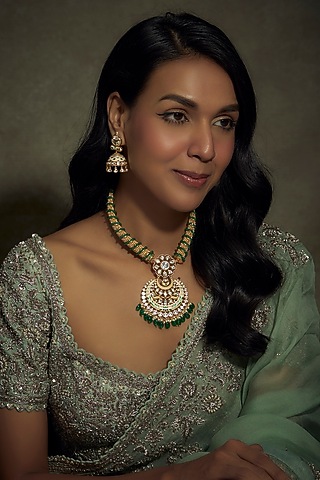Gold Finish Kundan Polki Necklace Set by BeautiArt