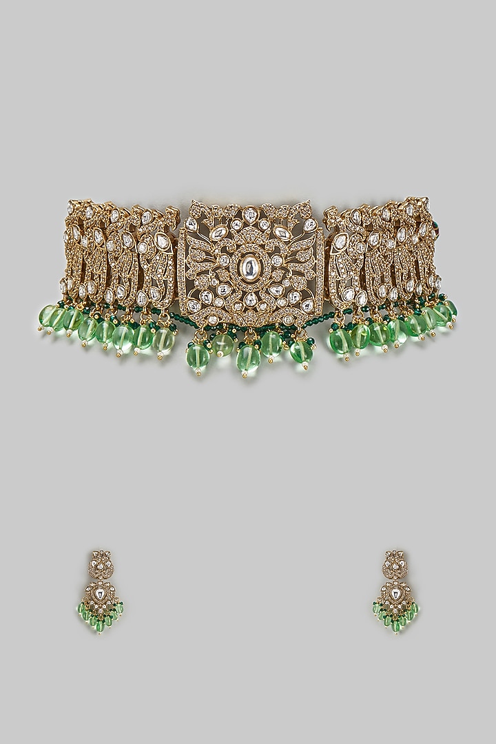 Gold Finish Kundan Polki & Green Drop Choker Necklace Set by BeautiArt at Pernia's Pop Up Shop