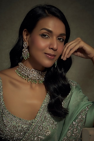 Gold Finish Kundan Polki & Green Drop Choker Necklace Set by BeautiArt