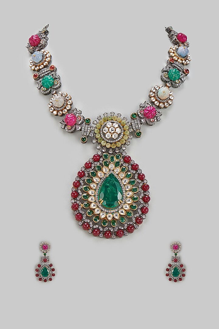 Gold Finish Kundan Polki & Multi-Colored Stone Long Necklace Set by BeautiArt at Pernia's Pop Up Shop