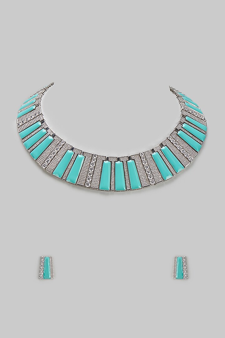 White Finish Zircon & Turquoise Stone Necklace Set by BeautiArt at Pernia's Pop Up Shop