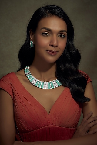 White Finish Zircon & Turquoise Stone Necklace Set by BeautiArt