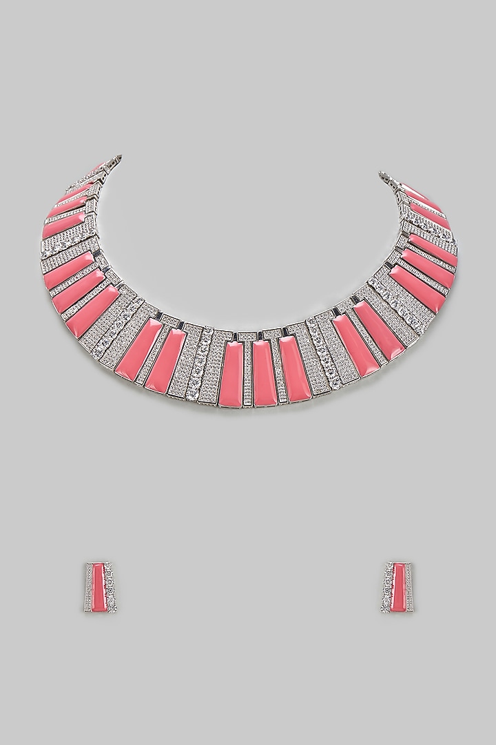 White Finish Zircon & Coral Stone Necklace Set by BeautiArt at Pernia's Pop Up Shop