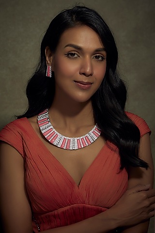 White Finish Zircon & Coral Stone Necklace Set by BeautiArt