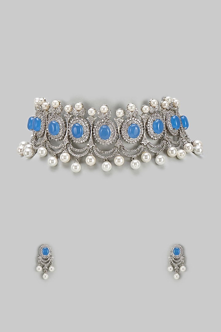 White Finish Pearl Drop & Aqua Stone Choker Necklace Set by BeautiArt at Pernia's Pop Up Shop