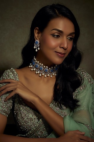 White Finish Pearl Drop & Aqua Stone Choker Necklace Set by BeautiArt