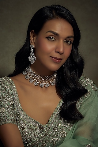 White Finish Zircon & Stone Necklace Set by BeautiArt