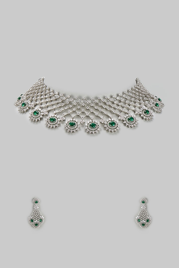 White Finish Zircon & Green Stone Necklace Set by BeautiArt at Pernia's Pop Up Shop