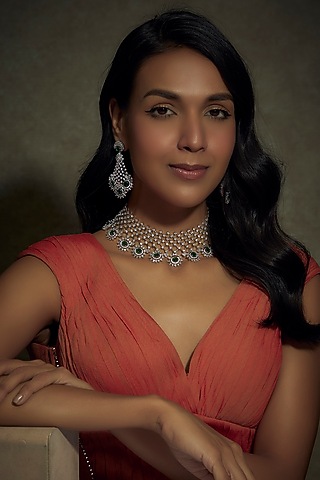 White Finish Zircon & Green Stone Necklace Set by BeautiArt