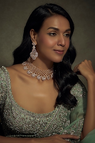 Gold Finish Zircon & Stone Necklace Set by BeautiArt