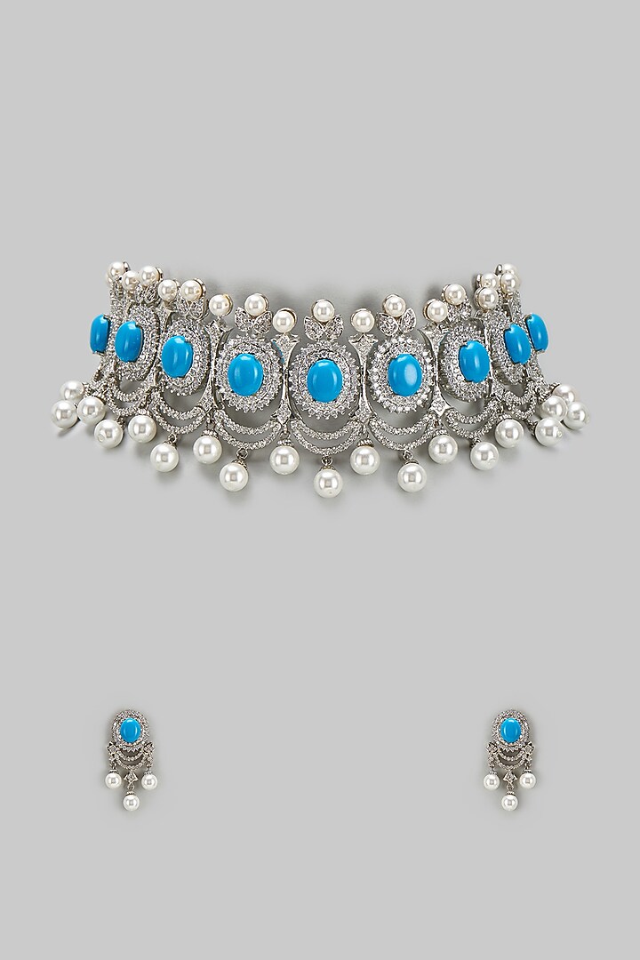 White Finish Zircon & Turquoise Stone Choker Necklace Set by BeautiArt at Pernia's Pop Up Shop