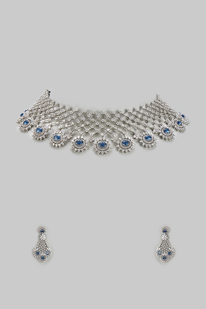 White Finish Zircon & Blue Stone Necklace Set by BeautiArt at Pernia's Pop Up Shop