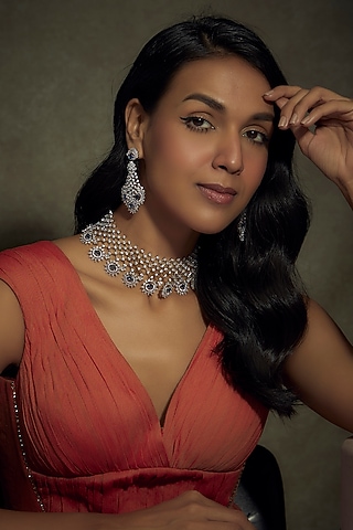 White Finish Zircon & Blue Stone Necklace Set by BeautiArt