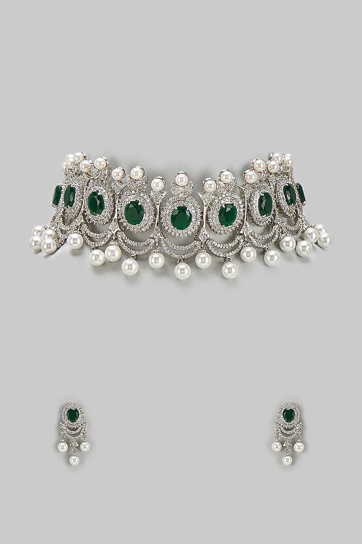 White Finish Zircon & Green Stone Choker Necklace Set by BeautiArt at Pernia's Pop Up Shop