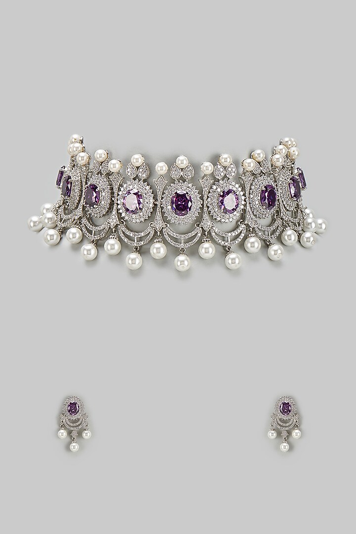 White Finish Zircon & Purple Stone Choker Necklace Set by BeautiArt at Pernia's Pop Up Shop