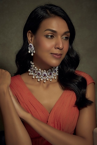 White Finish Zircon & Purple Stone Choker Necklace Set by BeautiArt