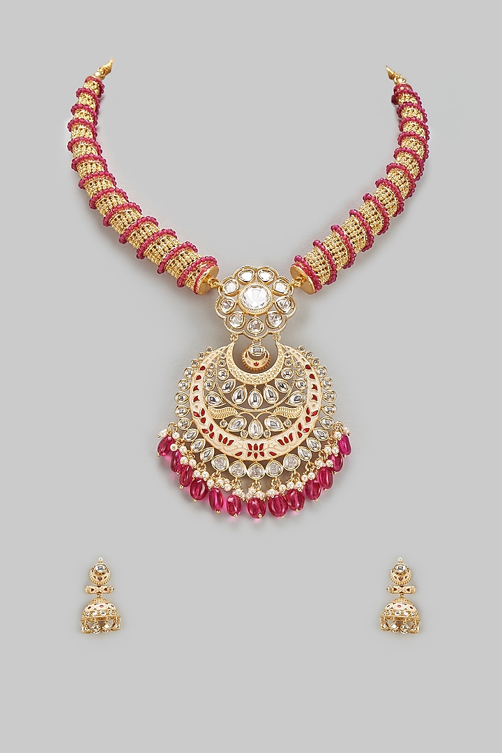 Gold Finish Kundan Polki Necklace Set by BeautiArt at Pernia's Pop Up Shop