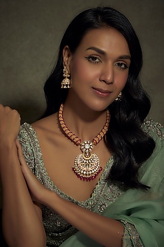 Gold Finish Kundan Polki Necklace Set by BeautiArt