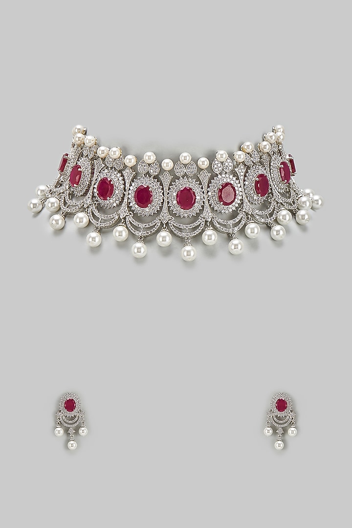 White Finish Zircon & Ruby Stone Choker Necklace Set by BeautiArt at Pernia's Pop Up Shop