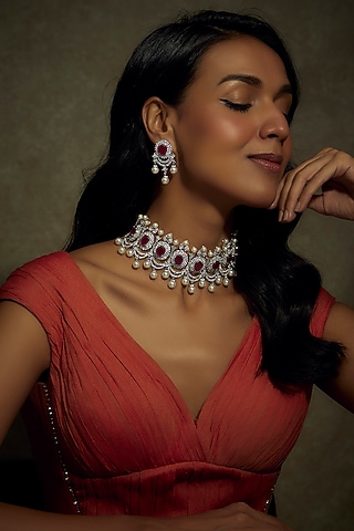 White Finish Zircon & Ruby Stone Choker Necklace Set by BeautiArt