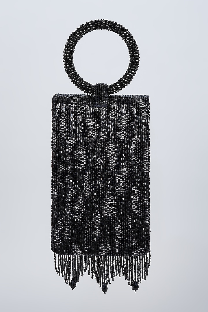 Black Vegan Leather Embellished Clutch by BEAU MONDE