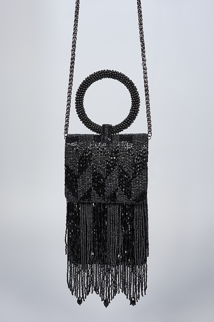 Black Vegan Leather Embellished Clutch by BEAU MONDE at Pernia's Pop Up Shop