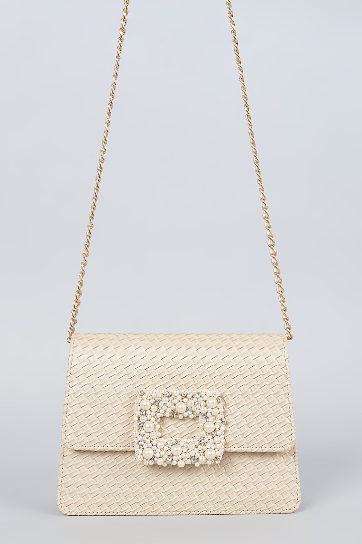 Ivory Vegan Leather Embellished Clutch by BEAU MONDE at Pernia's Pop Up Shop