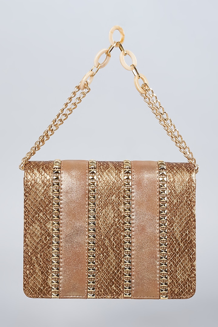 Gold Vegan Leather Embellished Clutch by BEAU MONDE at Pernia's Pop Up Shop