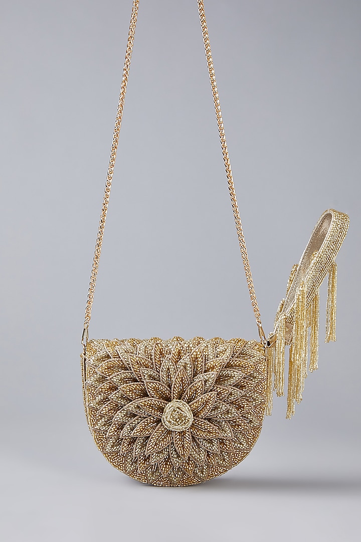 Gold Vegan Leather Crystal Hand Embellished Rose Clutch by BEAU MONDE