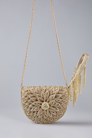 Gold Vegan Leather Crystal Hand Embellished Rose Clutch by BEAU MONDE
